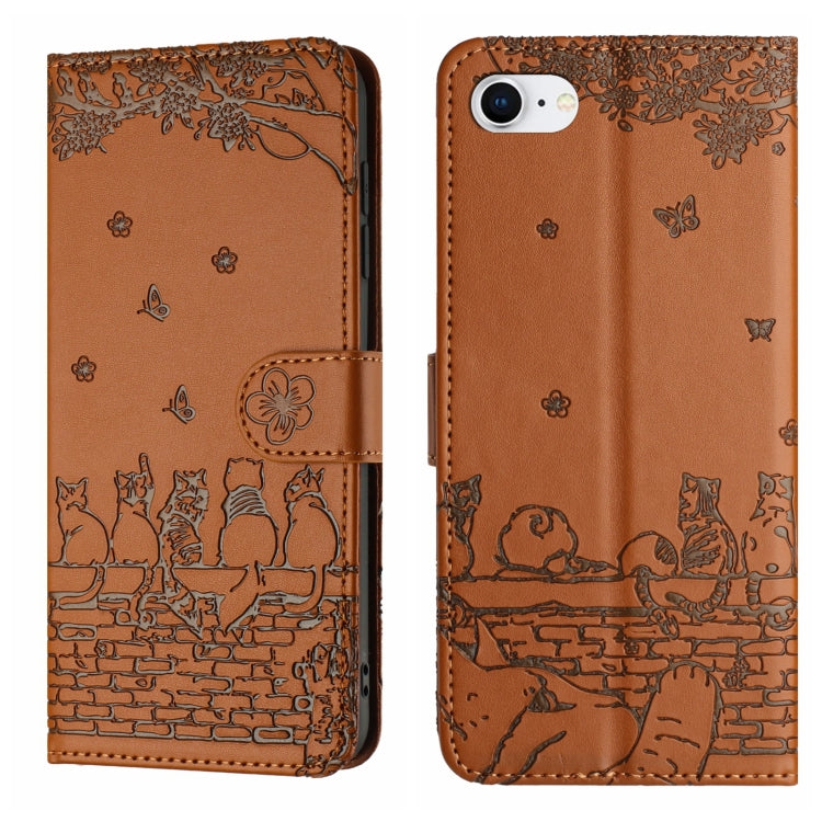 Cat embossed leather iPhone case with lanyard in brown for iPhone 16e or 17e