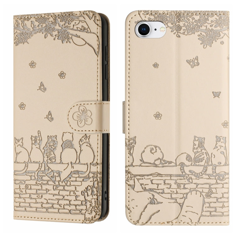 Cat embossed leather iPhone case with lanyard in beige for iPhone 16e or 17e