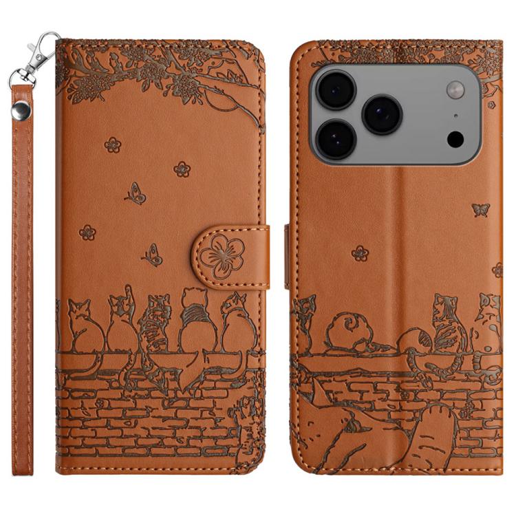 Cat embossed leather iPhone case with lanyard in brown for iPhone 17 Pro Max