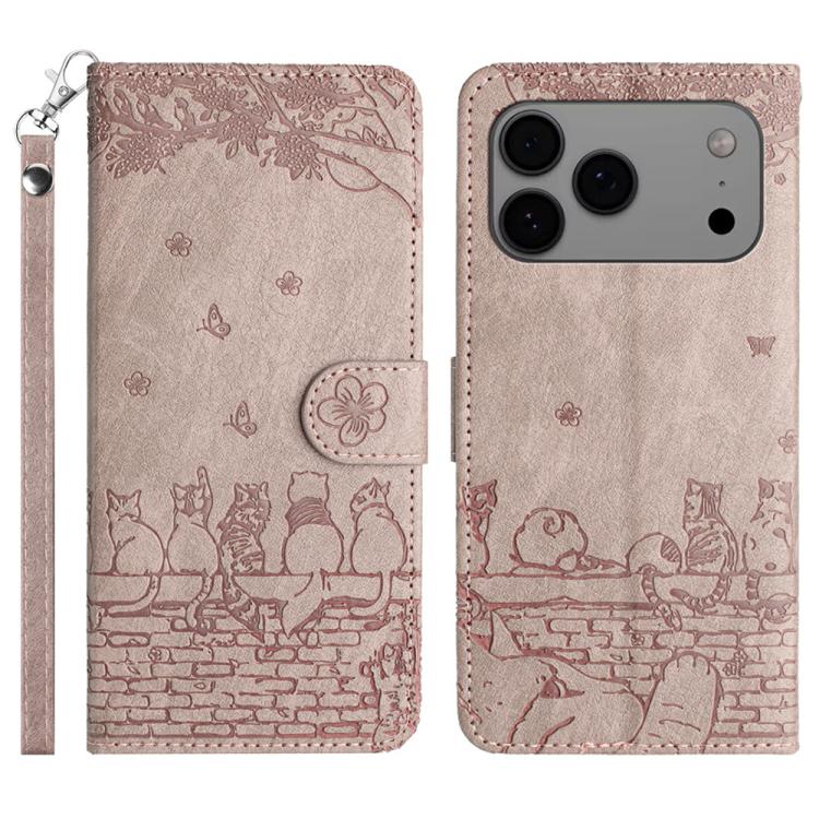Cat embossed leather iPhone case with lanyard in grey for iPhone 17 Pro Max