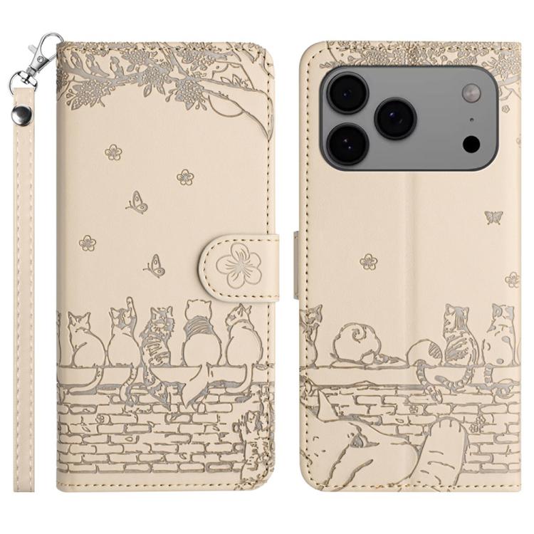Cat embossed leather iPhone case with lanyard in beige for iPhone 17 Pro Max