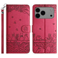 Mira Sales cat embossed leather iPhone 17 Pro wallet case with lanyard in red