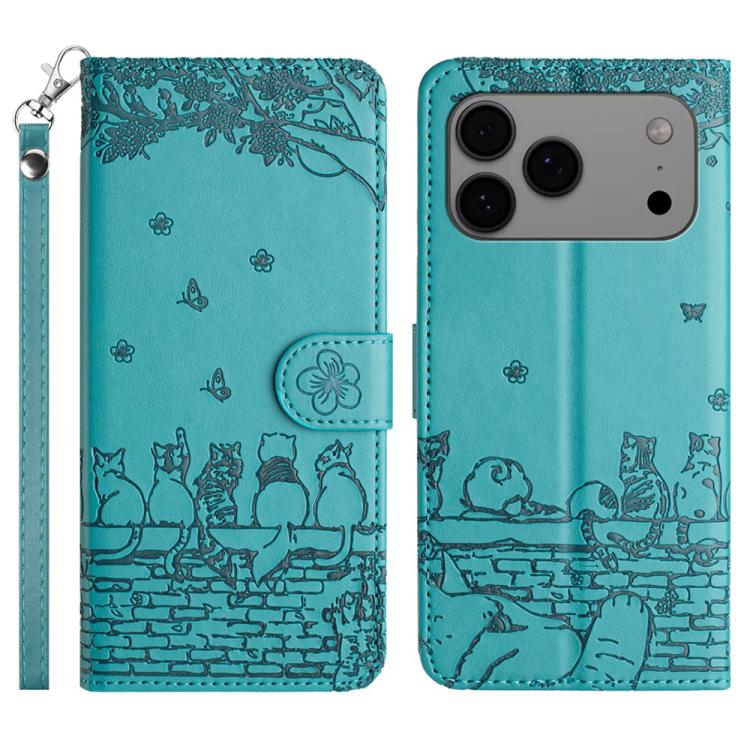 Cat embossed leather iPhone case with lanyard in blue for iPhone 17 Pro