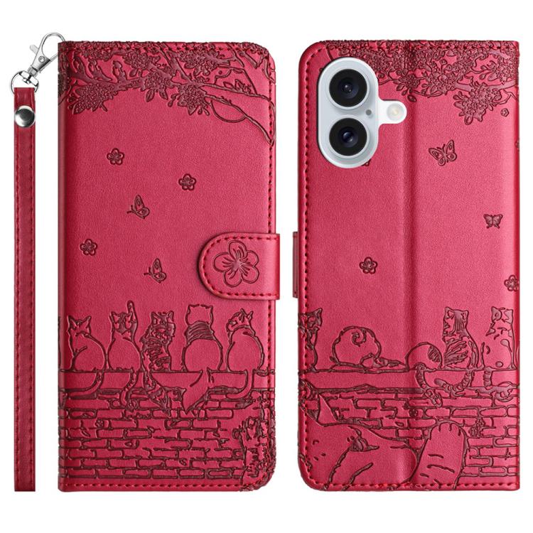 Cat embossed leather iPhone case with lanyard in red for iPhone 17