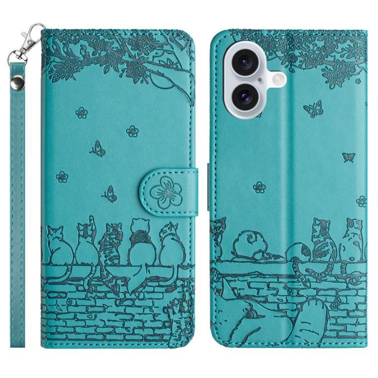 Cat embossed leather iPhone case with lanyard in blue for iPhone 17