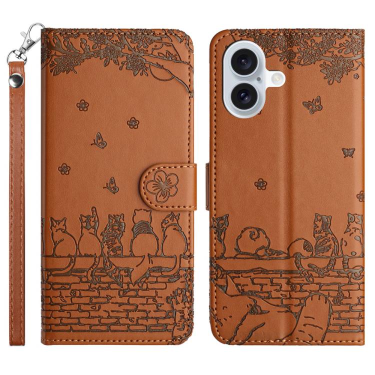 Cat embossed leather iPhone case with lanyard in brown for iPhone 17