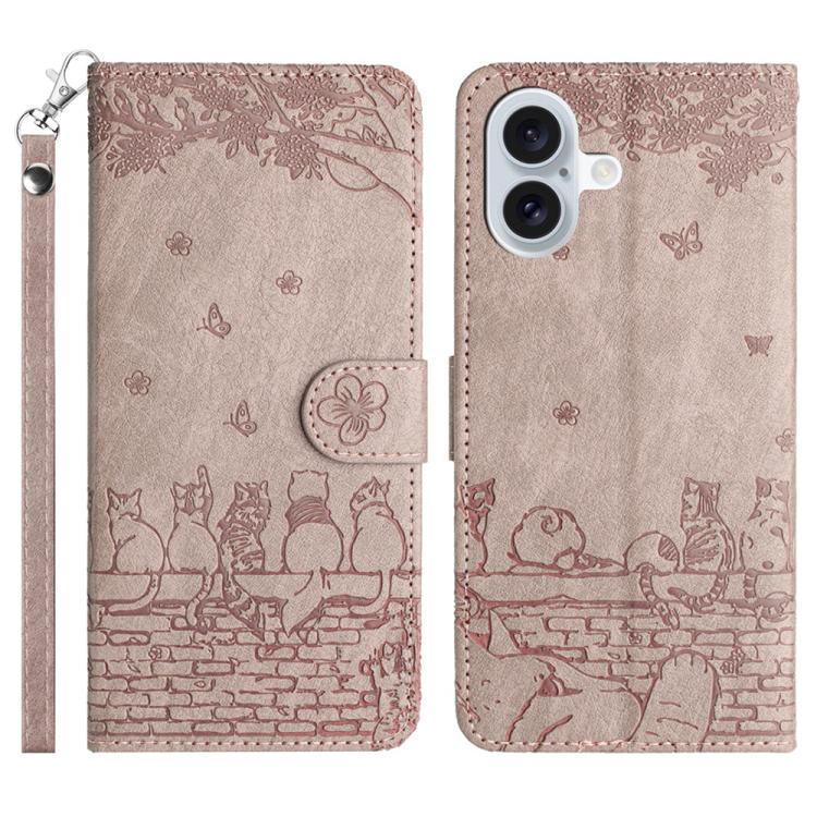 Cat embossed leather iPhone case with lanyard in grey for iPhone 17