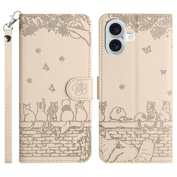 Cat embossed leather iPhone case with lanyard in beige for iPhone 17