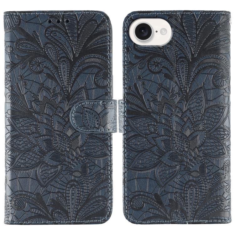 Dark blue lace flower embossed flip iPhone 17e and 16e case