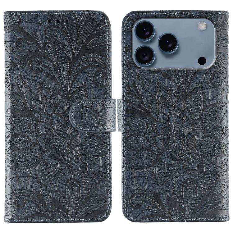 Dark blue lace flower embossed flip iPhone 17 Pro Max case