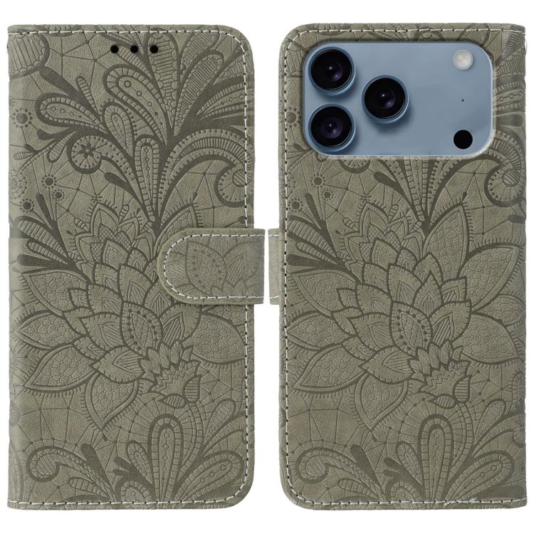 Grey lace flower embossed flip iPhone 17 Pro case