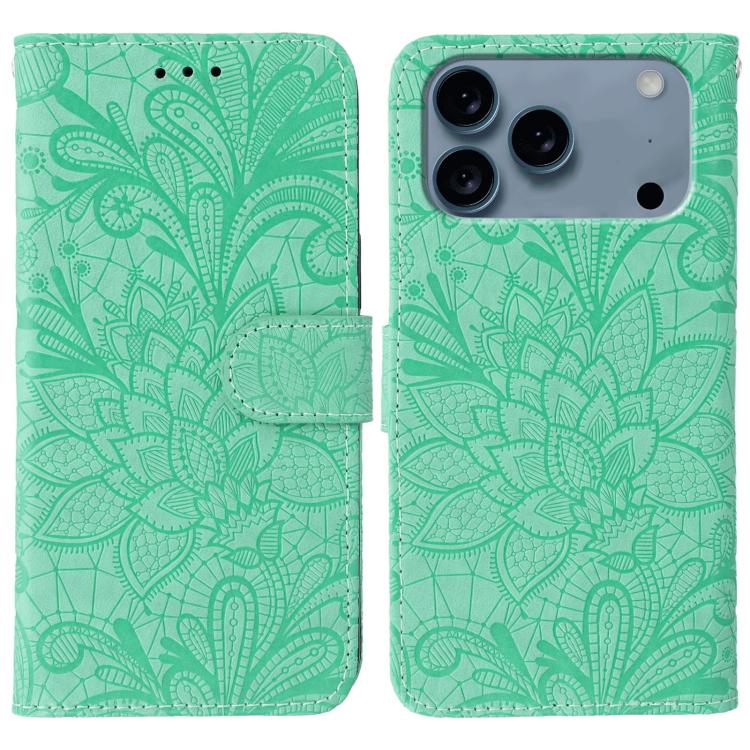 Green lace flower embossed flip iPhone 17 Pro case