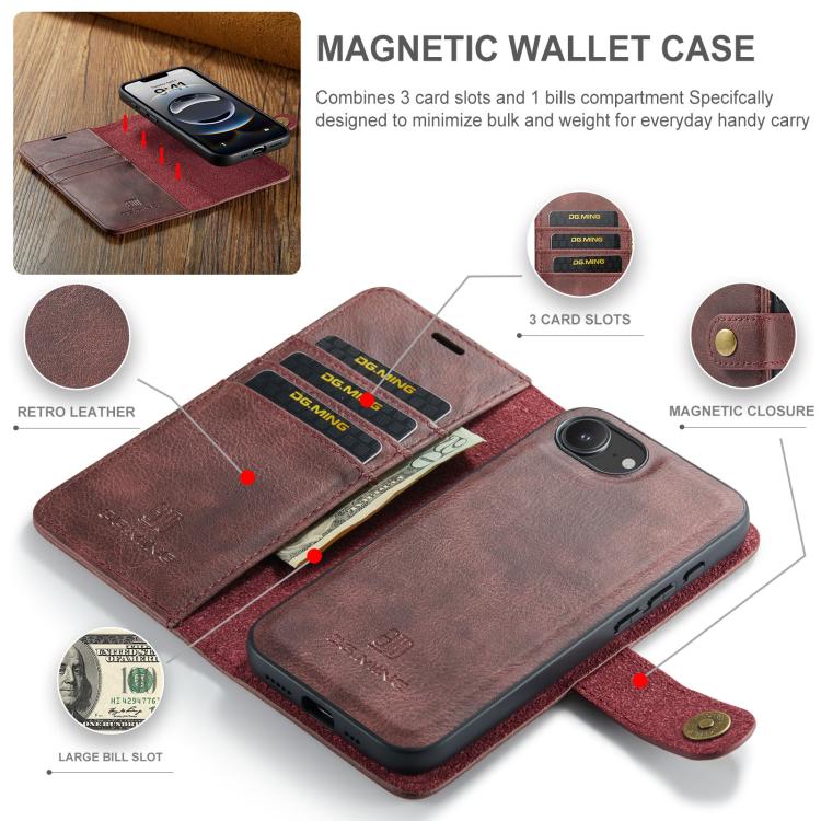 DG.MING red iPhone wallet case detail image with magnetic detachable cover