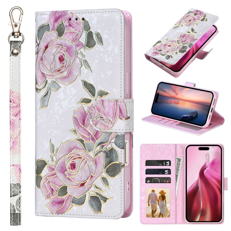Bronzing painting RFID leather iPhone case in Rose Flower for iPhone 16 Pro Max