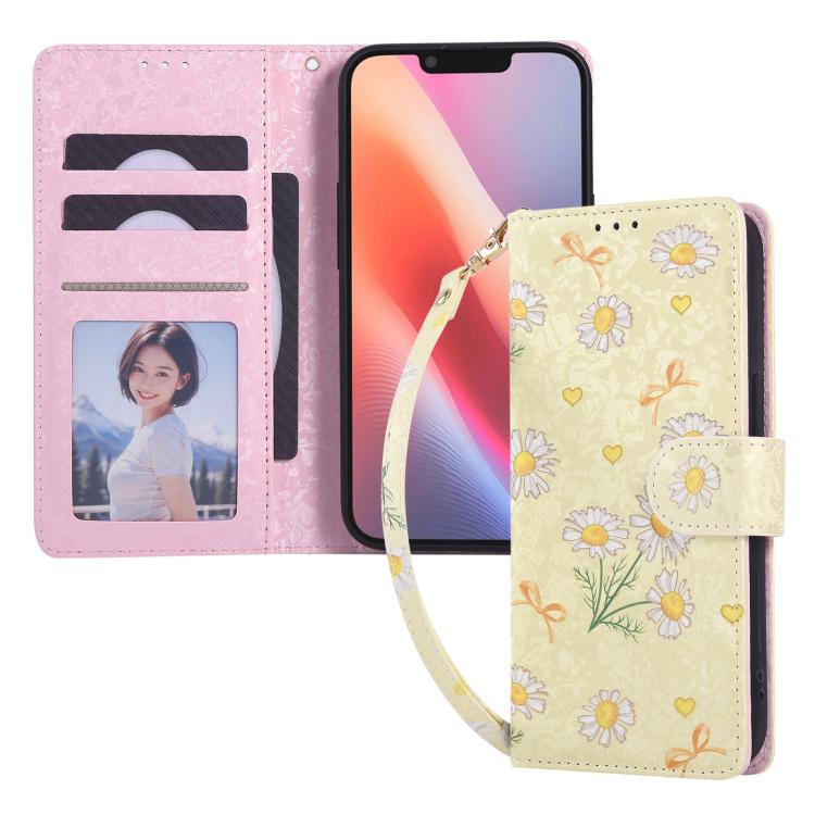 Bronzing painting RFID leather iPhone case in Yellow Daisy for iPhone 17e or 16e