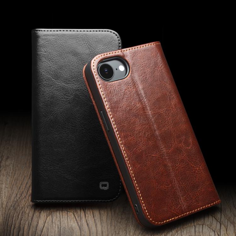 QIALINO Classic black leather iPhone case front and back view
