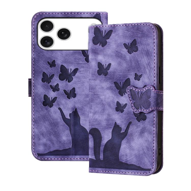 Mira Sales Butterfly Cat embossed flip iPhone 17 Pro wallet case in purple