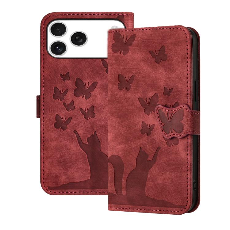 Red butterfly cat embossed flip iPhone 17 Pro wallet wrist strap case