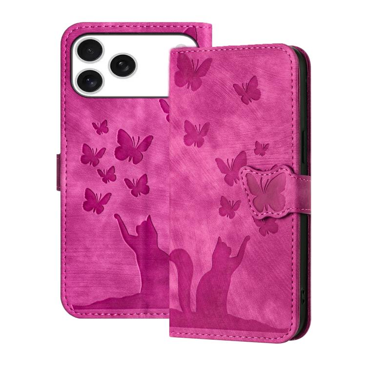 Pink butterfly cat embossed flip iPhone 17 Pro wallet wrist strap case