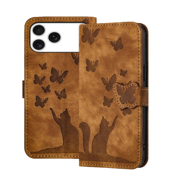 Brown butterfly cat embossed flip iPhone 17 Pro wallet wrist strap case