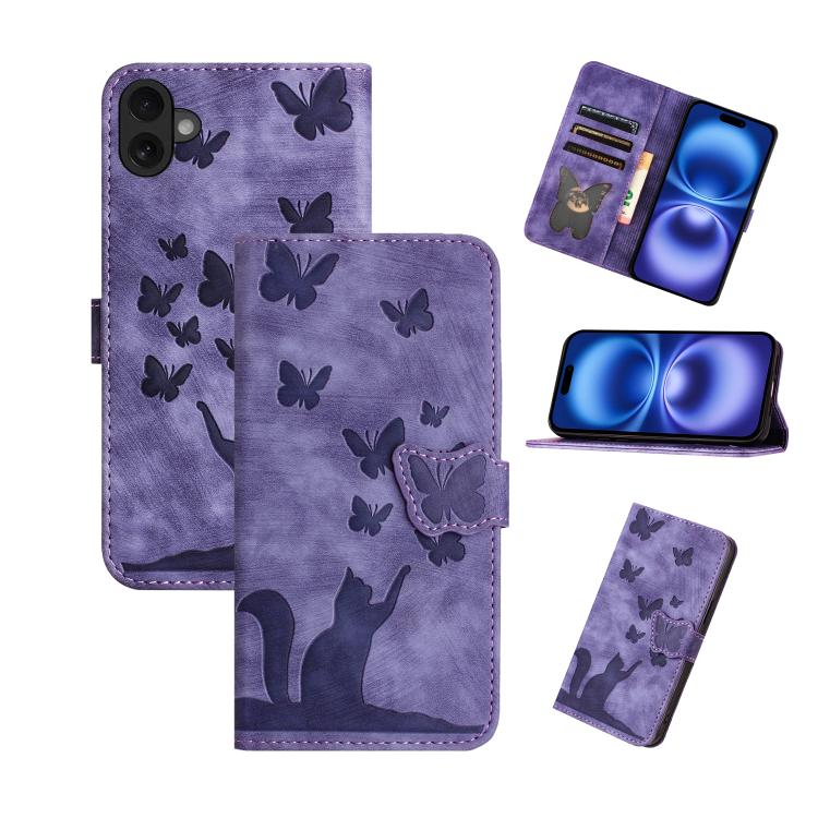 Purple butterfly cat embossed flip iPhone 17 wallet wrist strap case