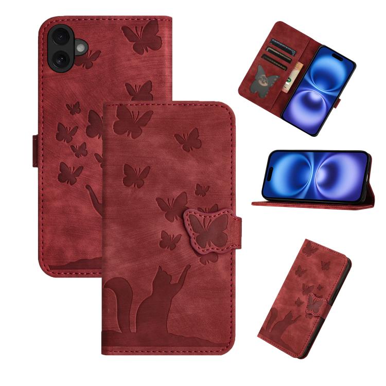 Red butterfly cat embossed flip iPhone 17 wallet wrist strap case