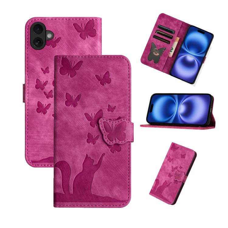 Pink butterfly cat embossed flip iPhone 17 wallet wrist strap case