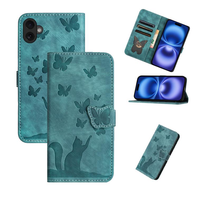Wathet butterfly cat embossed flip iPhone 17 wallet wrist strap case