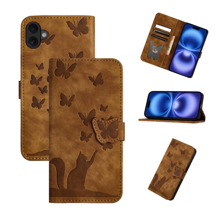 Brown butterfly cat embossed flip iPhone 17 wallet wrist strap case
