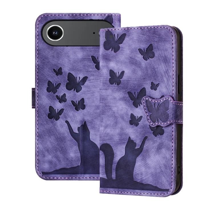 Purple butterfly cat embossed flip iPhone Air wallet wrist strap case