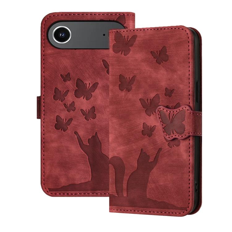 Red butterfly cat embossed flip iPhone Air wallet wrist strap case