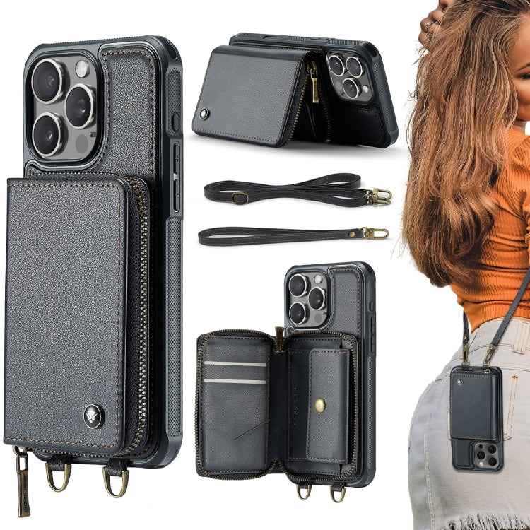 JEEHOOD C22 zipper wallet iPhone 16 Pro Max case in black