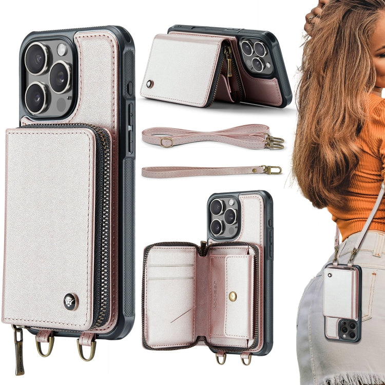 JEEHOOD C22 zipper wallet iPhone 16 Pro Max case in rose gold
