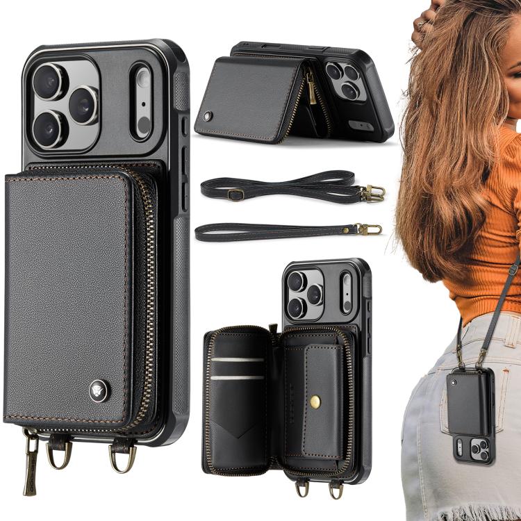 JEEHOOD C22 zipper wallet iPhone 17 Pro Max case in black with dual lanyard
