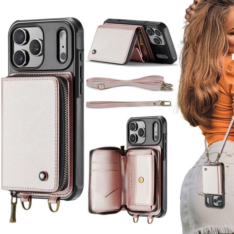 JEEHOOD C22 zipper wallet iPhone 17 Pro Max case in rose gold