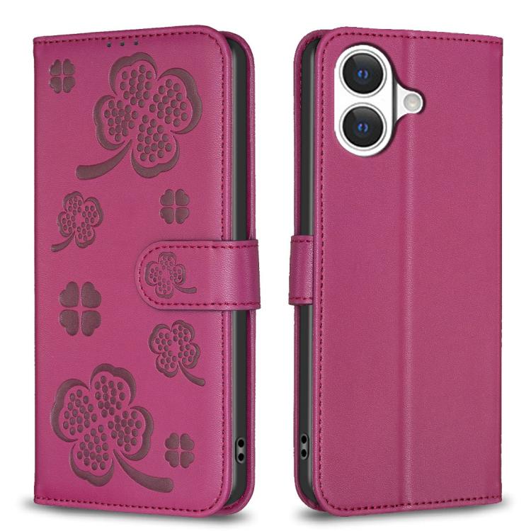Rose red four-leaf embossed leather-style iPhone 17 wallet kickstand case