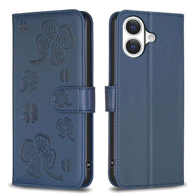 Blue four-leaf embossed leather-style iPhone 17 wallet kickstand case