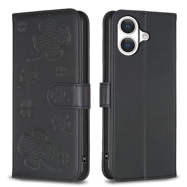 Black four-leaf embossed leather-style iPhone 17 wallet kickstand case