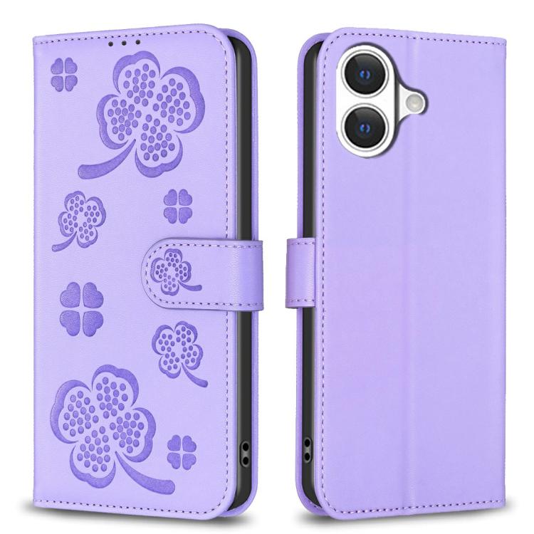 Purple four-leaf embossed leather-style iPhone 17 wallet kickstand case