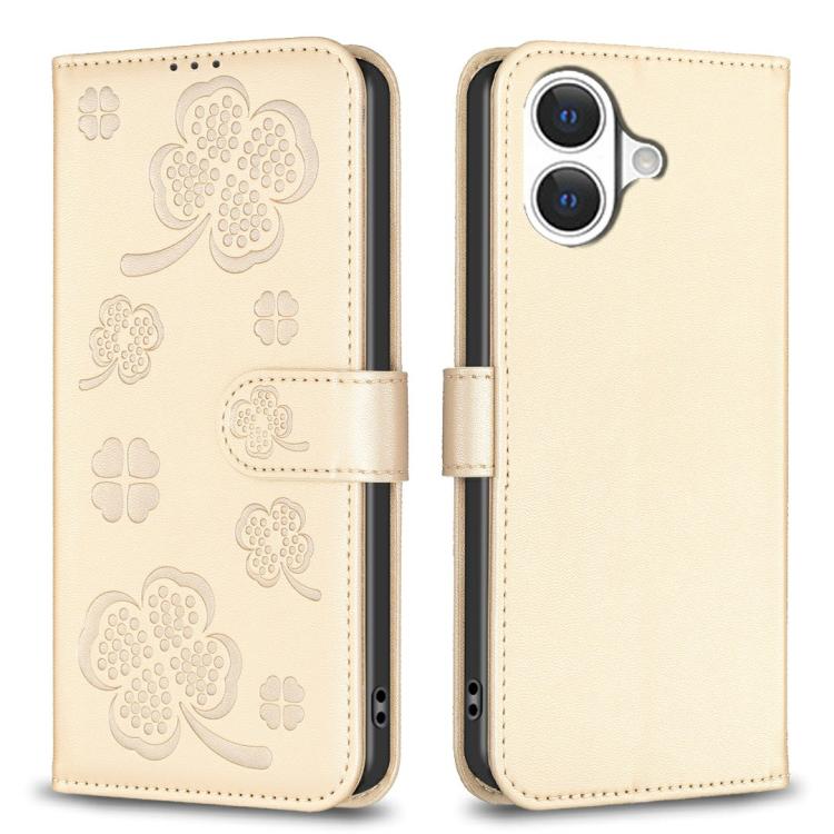 Gold four-leaf embossed leather-style iPhone 17 wallet kickstand case