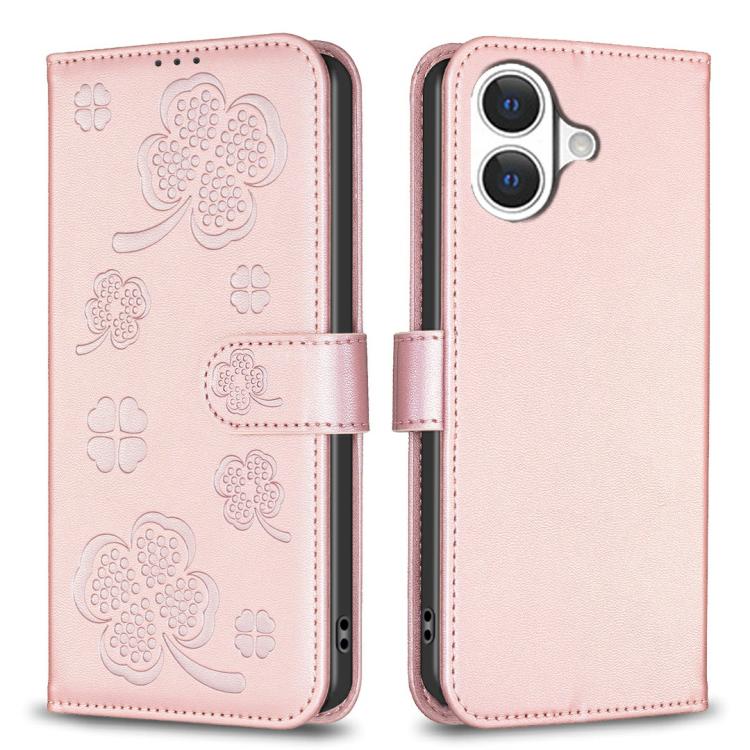 Pink four-leaf embossed leather-style iPhone 17 wallet kickstand case