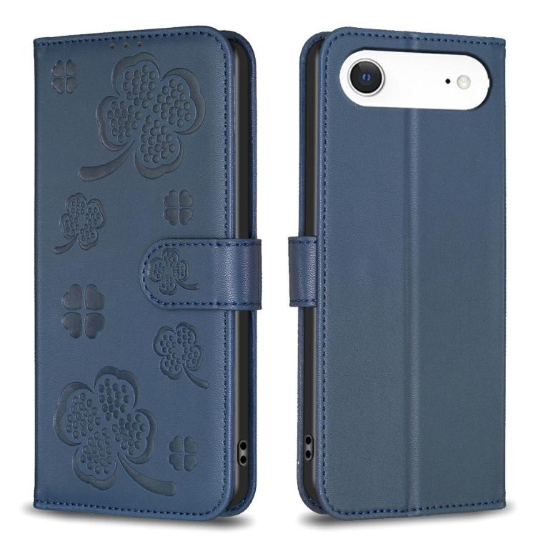 Blue four-leaf embossed leather-style iPhone Air wallet kickstand case