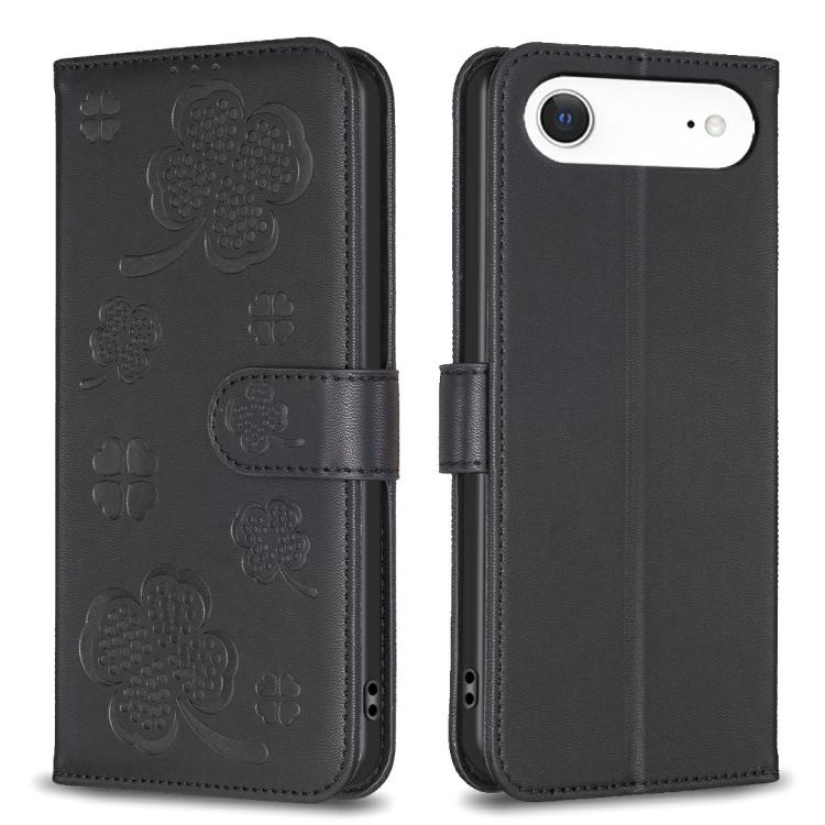Black four-leaf embossed leather-style iPhone Air wallet kickstand case