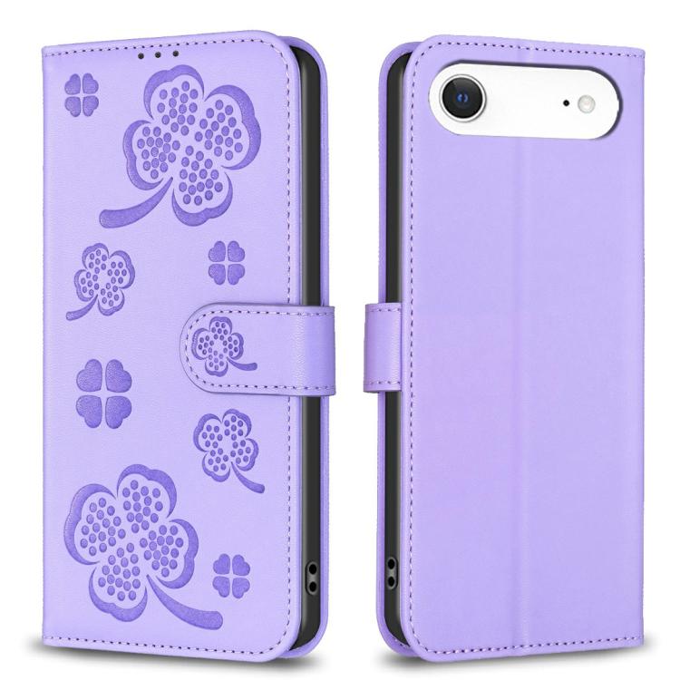 Purple four-leaf embossed leather-style iPhone Air wallet kickstand case