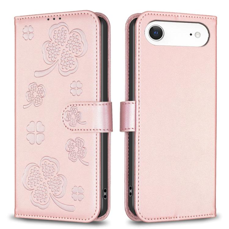Pink four-leaf embossed leather-style iPhone Air wallet kickstand case