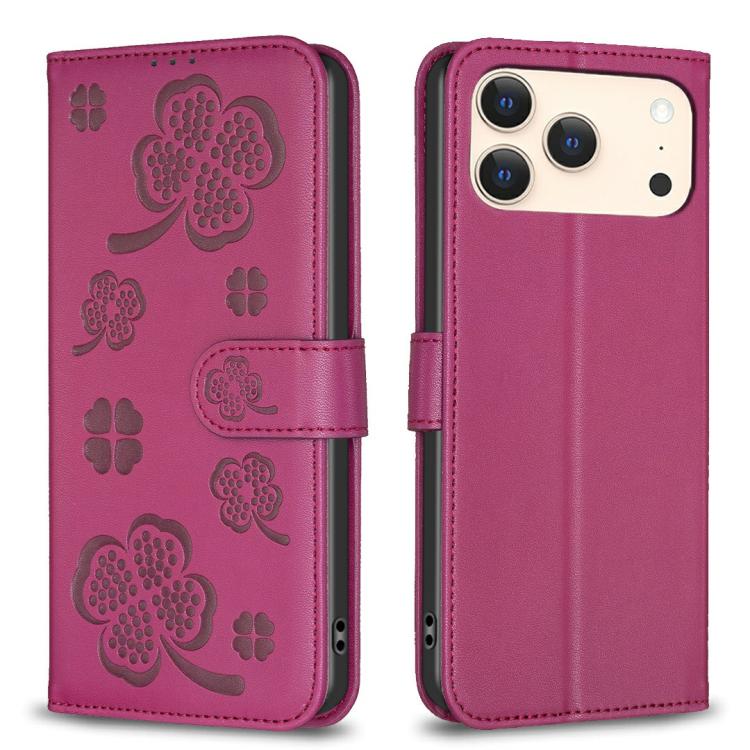 Rose red four-leaf embossed leather-style iPhone 17 Pro wallet kickstand case