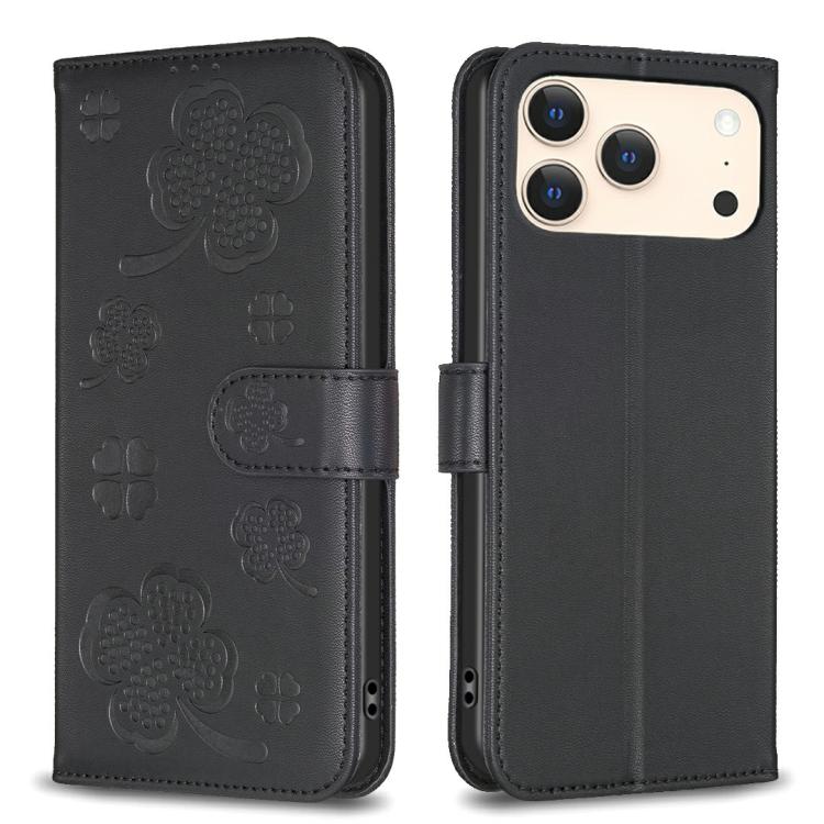 Black four-leaf embossed leather-style iPhone 17 Pro wallet kickstand case