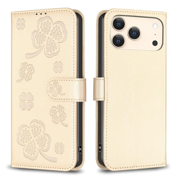Gold four-leaf embossed leather-style iPhone 17 Pro wallet kickstand case