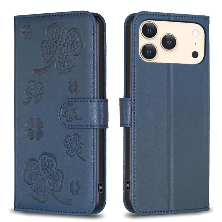 Blue four-leaf embossed leather-style iPhone 17 Pro Max wallet kickstand case