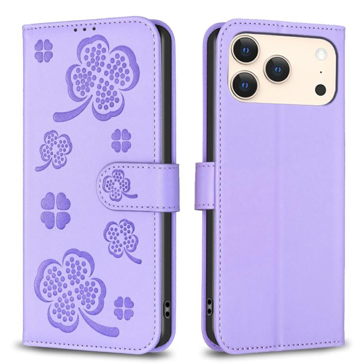 Purple four-leaf embossed leather-style iPhone 17 Pro Max wallet kickstand case